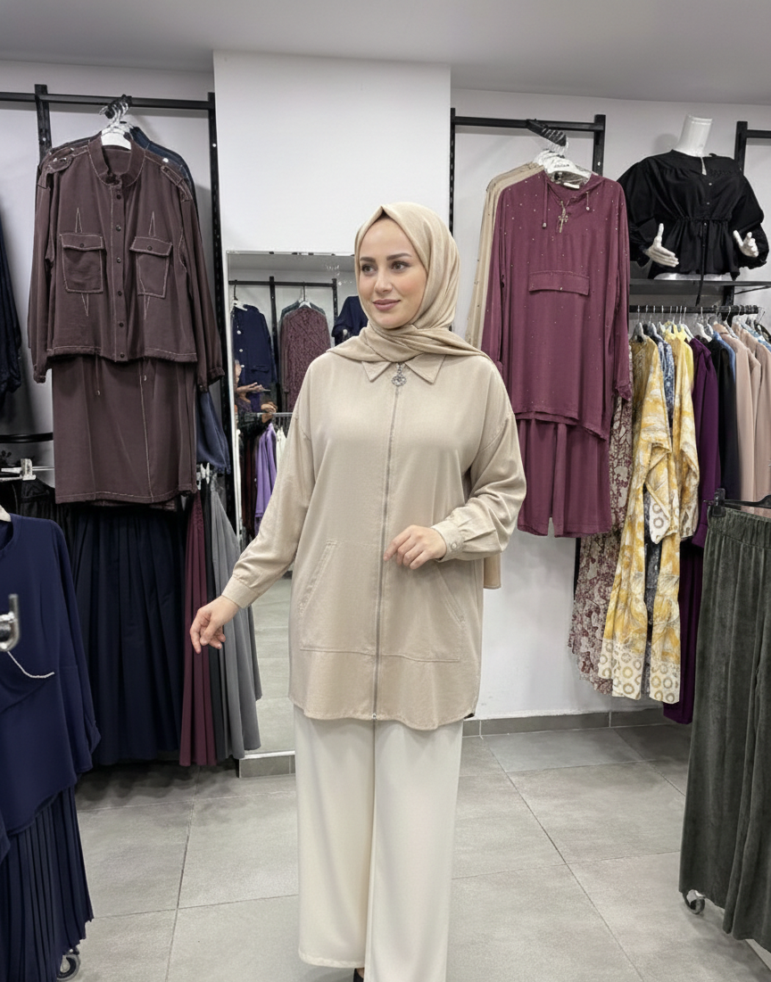 Tensel Kumaş Fermuarlı ve Zarif Ceket