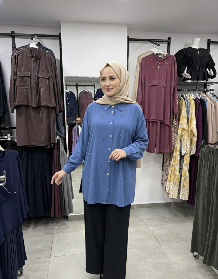 1. Kalite Taş Detaylı Tensel Gömlek - Görsel 2